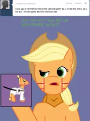 Size: 631x849 | Tagged: safe, derpibooru import, applejack, ask, blue background, cyborg009, dialogue, open mouth, samurai applejack, samurai jack, simple background, solo, sword, tumblr, weapon
