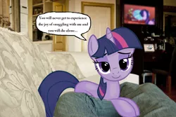 Size: 1000x667 | Tagged: bedroom eyes, couch, derpibooru import, ponies in real life, sad truth, safe, snuggling, text, trollface, twilight sparkle