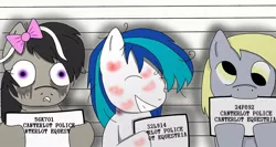 Size: 900x480 | Tagged: safe, artist:otterpopphillip, derpibooru import, derpy hooves, octavia melody, vinyl scratch, pegasus, pony, bowtie, context is for the weak, female, kiss mark, mare, mugshot, running makeup