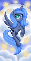 Size: 550x1056 | Tagged: safe, artist:mel-rosey, derpibooru import, princess luna, pony, derp, flying, moon, solo, stars, woona, young