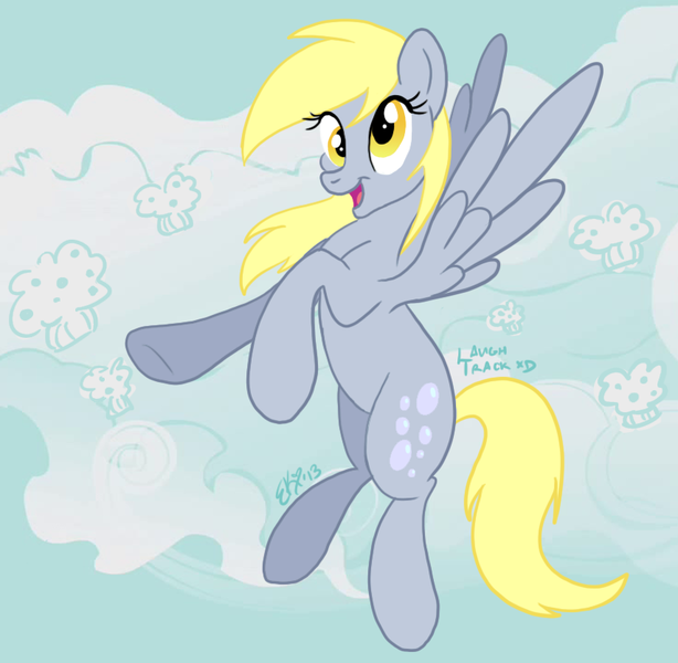 Size: 855x836 | Tagged: safe, artist:cluttercluster, derpibooru import, derpy hooves, pegasus, pony, female, mare, sky, solo