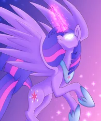 Size: 818x977 | Tagged: safe, artist:stalkerpony, derpibooru import, twilight sparkle, twilight sparkle (alicorn), alicorn, pony, female, glowing eyes, gradient background, hoof shoes, magic, magic aura, mare, peytral, purple background, simple background, solo, spread wings, ultimate twilight, wings