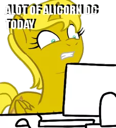 Size: 313x347 | Tagged: safe, derpibooru import, oc, oc:ticket, unofficial characters only, alicorn, pony, alicorn oc, computer, meta, reaction image, solo