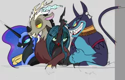 Size: 1131x726 | Tagged: safe, artist:zev, derpibooru import, ahuizotl, discord, nightmare moon, queen chrysalis, alicorn, changeling, draconequus, pony, antagonist