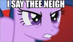 Size: 443x255 | Tagged: safe, derpibooru import, twilight sparkle, pony, unicorn, angry, female, frown, glare, gritted teeth, image macro, mare, neigh, pun, reaction image, solo, thor