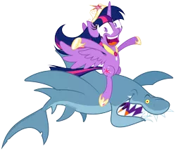 Size: 5000x4299 | Tagged: safe, artist:zutheskunk, derpibooru import, twilight sparkle, twilight sparkle (alicorn), alicorn, pony, shark, absurd resolution, alicorn drama, female, flying, jump the shark, looking at you, mare, open mouth, riding, simple background, smiling, spread wings, transparent background, vector, wat, wide eyes