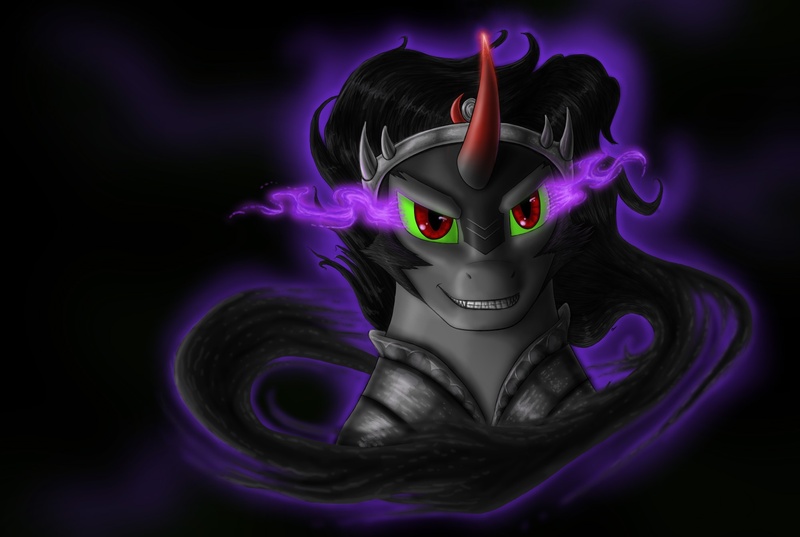 Size: 2000x1343 | Tagged: artist:anadukune, black background, bust, dark magic, derpibooru import, evil grin, grin, head only, king sombra, magic, portrait, safe, simple background, smiling, solo, sombra eyes