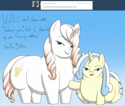 Size: 1300x1110 | Tagged: safe, artist:lesang, derpibooru import, oc, oc:belle bottom, oc:vanilla bottom, unofficial characters only, pony, unicorn, ask belle bottom, fat, filly, huge butt, impossibly large butt, impossibly wide hips, large butt, mother, mother and daughter, wide hips