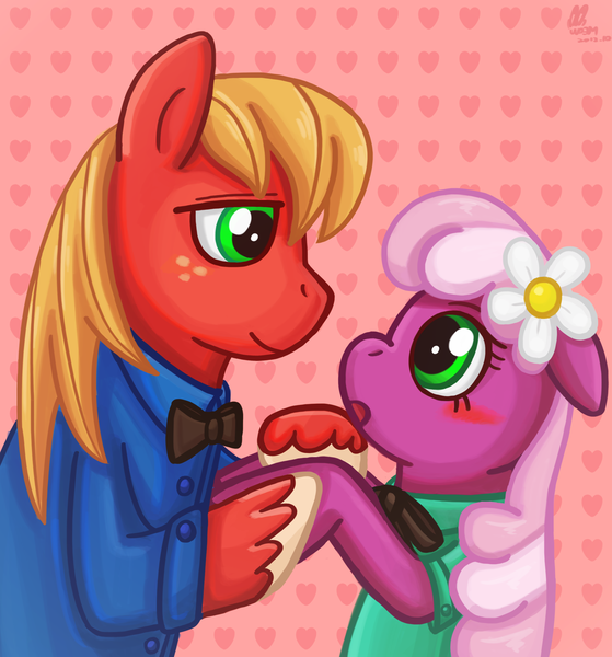 Size: 1831x1967 | Tagged: dead source, safe, artist:eddiedodoman, derpibooru import, big macintosh, cheerilee, earth pony, pony, blushing, cheerimac, clothes, female, heart, heart background, male, mare, pixiv, shipping, stallion, straight