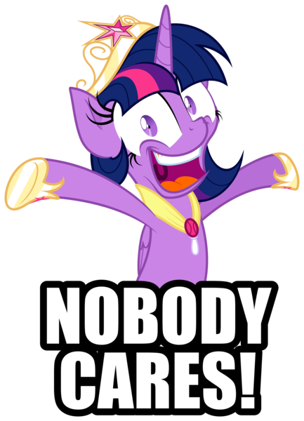 Size: 2166x3000 | Tagged: safe, anonymous artist, derpibooru import, twilight sparkle, twilight sparkle (alicorn), alicorn, pony, caption, crazy face, faic, female, folded wings, image macro, looking at you, mare, nobody cares, open mouth, reaction image, simple background, smiling, solo, text, transparent background, vector, wide eyes