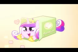 Size: 960x640 | Tagged: :3, artist:2snacks, box, cute, cutedance, derpibooru import, filly, heart, looking up, marshmallow, open mouth, princess cadance, prone, safe, sliding ponies, smiling, solo, younger