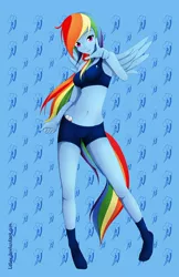 Size: 600x927 | Tagged: artist:lalox, belly button, breasts, clothes, female, human, humanized, midriff, rainbow dash, skinny, solo, sports bra, suggestive, tailed humanization, winged humanization