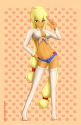 Size: 600x927 | Tagged: applejack, artist:lalox, belly button, breasts, busty applejack, cleavage, clothes, daisy dukes, female, human, humanized, socks, solo, solo female, stockings, suggestive, tailed humanization