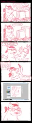 Size: 1024x3900 | Tagged: suggestive, artist:ficficponyfic, derpibooru import, oc, unofficial characters only, pony, unicorn, chubby, comic, computer, dickbutt, glasses, hornplot, ponytail, sweat, tablet