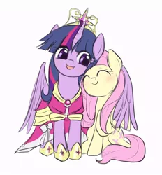 Size: 650x700 | Tagged: safe, artist:yubi, derpibooru import, fluttershy, twilight sparkle, twilight sparkle (alicorn), alicorn, pegasus, pony, big crown thingy, blushing, c:, clothes, coronation dress, cute, dress, element of magic, eyes closed, female, happy, head tilt, hug, jewelry, lesbian, mare, nuzzling, open mouth, princess shoes, raised hoof, regalia, shipping, shyabetes, simple background, sitting, smiling, spread wings, twiabetes, twishy, white background, winghug, wings