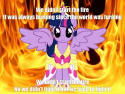 Size: 1600x1200 | Tagged: safe, derpibooru import, twilight sparkle, twilight sparkle (alicorn), alicorn, pony, alicorn drama, billy joel, caption, clothes, dress, female, fire, image macro, lyrics, mare, song, song reference, we didn't start the fire