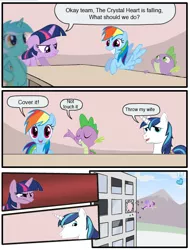 Size: 498x655 | Tagged: comic, crystal heart, derpibooru import, employer meme, epic wife tossing, exploitable meme, fastball special, lyra heartstrings, meme, princess cadance, rainbow dash, safe, shining armor, spike, twilight sparkle