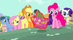 Size: 550x309 | Tagged: animated, applejack, blues, carrot top, cherry berry, derpibooru import, fluttershy, golden harvest, lucky clover, magic duel, noteworthy, pinkie pie, rarity, safe, screencap, spike