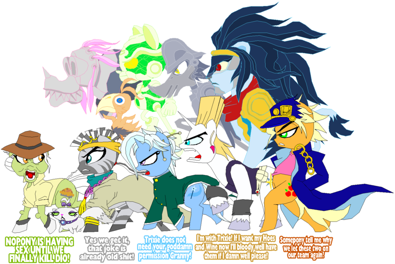 Size: 1656x1106 | Tagged: suggestive, artist:terry, derpibooru import, applejack, granny smith, opalescence, prince blueblood, trixie, zecora, pony, zebra, bipedal, crossover, dialogue, goofy, hierophant green, jean pierre polnareff, jojo's bizarre adventure, jojo's bizarre adventure abridged, joseph joestar, jotaro kujo, kingdom hearts, magician's red, mohammed avdol, noriaki kakyoin, silver chariot, simba, simple background, stand, star platinum, the fool, vulgar, white background