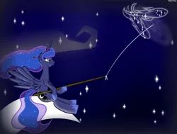 Size: 900x680 | Tagged: safe, artist:hudoyjnik, derpibooru import, princess luna, constellation, crescent moon, fishing, pisces, sitting, solo, tangible heavenly object