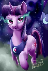 Size: 543x800 | Tagged: amulet, armor, artist:archonix, dark, dark magic, derpibooru import, ethereal mane, frown, glare, glowing eyes, mane, nightmare moon, raised hoof, safe, sombra eyes, twilight sparkle