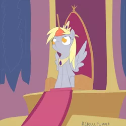 Size: 900x900 | Tagged: safe, artist:alasou, deleted from derpibooru, derpibooru import, derpy hooves, alicorn, pegasus, pony, alicornified, cute, derpicorn, fake alicorn, female, frown, glare, looking down, looking up, majestic as fuck, mare, muffin queen, no pupils, plunger, plungercorn, plungicorn derpy, race swap, serious, serious face, signature, sitting, solo, spread wings, sweet dreams fuel, throne