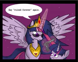 Size: 593x472 | Tagged: safe, derpibooru import, twilight sparkle, twilight sparkle (alicorn), alicorn, pony, alicorn drama, female, magic, mare, peytral, pulp fiction, ruined forever, speech bubble, telekinesis, ultimate twilight