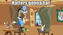 Size: 760x425 | Tagged: alice in wonderland, angel bunny, cup, derpibooru import, discord, discord lamp, edit, edited screencap, haters gonna hate, image macro, keep calm and flutter on, mad hatter, pun, safe, screencap, tea, teacup, tea party