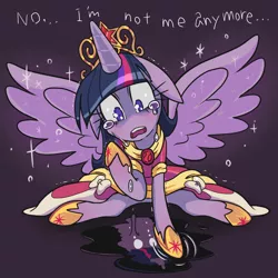 Size: 1300x1300 | Tagged: safe, artist:gashi-gashi, derpibooru import, twilight sparkle, twilight sparkle (alicorn), alicorn, pony, alicorn drama, big crown thingy, body dysmorphic distress, clothes, coronation dress, crown, crying, drama, dress, elements of harmony, female, floppy ears, horseshoes, i never asked for this, jewelry, mare, princess shoes, reflection, regalia, solo, spread wings, wings