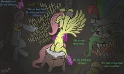 Size: 751x451 | Tagged: artist:fr-13, bondage, cave, cheshire dragon, derpibooru import, feather, feathered wonder hoofs, fetish, fluttershy, hoof tickling, hooves, oc, safe, shackles, tickle fetish, tickle torture, tickling