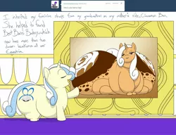 Size: 1500x1150 | Tagged: safe, artist:lesang, derpibooru import, oc, oc:belle bottom, oc:cinnamon bun, unofficial characters only, pony, unicorn, ask belle bottom, bedroom eyes, fat, filly, impossibly large butt, impossibly wide hips, morbidly obese, obese, wide hips