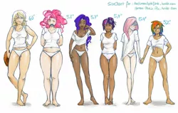 Size: 1280x814 | Tagged: safe, artist:schpog, derpibooru import, edit, applejack, fluttershy, pinkie pie, rainbow dash, rarity, twilight sparkle, ask human appledash, chubby, clothes, female, flutterdash, horned humanization, humanized, lesbian, line-up, mane six, moustache, panties, plump, shipping, size chart, skindentation, underwear