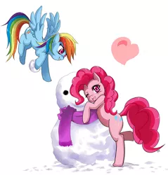 Size: 766x802 | Tagged: safe, artist:d-tomoyo, derpibooru import, pinkie pie, rainbow dash, clothes, heart, scarf, snow, snowball, snowman