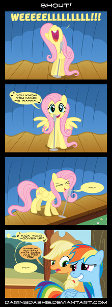 Size: 2000x5460 | Tagged: applejack, artist:daringdashie, comic, derpibooru import, fluttershy, rainbow dash, safe, shout, singing