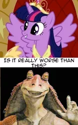 Size: 309x494 | Tagged: safe, derpibooru import, edit, edited screencap, screencap, twilight sparkle, twilight sparkle (alicorn), alicorn, pony, alicorn drama, cropped, crown, female, gungan, is it really worse, jar jar binks, jewelry, mare, op has a point, regalia, star wars, text