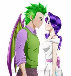 Size: 1406x1500 | Tagged: safe, artist:pia-sama, derpibooru import, rarity, spike, horned humanization, humanized, older, older spike, shipping, simple background, sparity, white background, winged humanization, winged spike