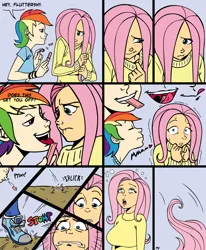 Size: 1057x1280 | Tagged: suggestive, artist:megasweet, derpibooru import, fluttershy, rainbow dash, breasts, busty fluttershy, comic, faint, female, flutterdash, foodplay, gum, humanized, implied sex, lesbian, shipping, spit, wat