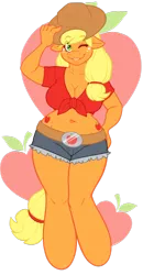 Size: 644x1238 | Tagged: anthro, applebucking thighs, applejack, artist:sheela, belly button, big breasts, breasts, busty applejack, cleavage, derpibooru import, female, hat, impossibly wide hips, safe, solo, unguligrade anthro, wide hips, wink