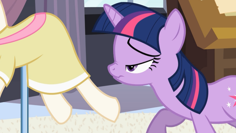 Size: 1280x720 | Tagged: birthday dress, clothes, derpibooru import, dress, mannequin, safe, screencap, scrunchy face, sweet and elite, twilight sparkle