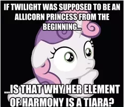 Size: 500x430 | Tagged: alicorn drama, conspiracy sweetie belle, derpibooru import, exploitable meme, foreshadowing, image macro, safe, twilight sparkle