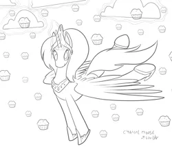 Size: 1280x1095 | Tagged: safe, artist:cynicalmoose, derpibooru import, derpy hooves, alicorn, pony, 30 minute art challenge, alicornified, derpicorn, horn, monochrome, muffin, muffin queen, race swap, solo