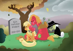 Size: 1000x696 | Tagged: safe, derpibooru import, edit, apple bloom, applejack, big macintosh, granny smith, twilight sparkle, earth pony, pony, alicorn drama, grave meme, gravestone, implied death, male, stallion