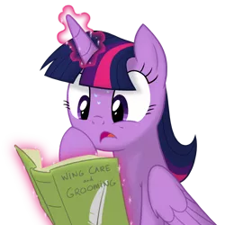 Size: 1012x1012 | Tagged: safe, artist:equestria-prevails, derpibooru import, twilight sparkle, twilight sparkle (alicorn), alicorn, pony, adorkable, book, cute, dork, female, magic, mare, preening, simple background, solo, sweat, transparent background