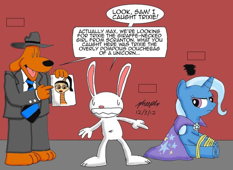 Size: 1048x762 | Tagged: artist:pheeph, crossover, derpibooru import, max, safe, sam, sam and max, trixie