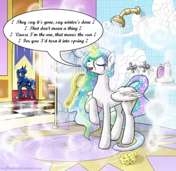 Size: 900x875 | Tagged: artist:muffinshire, derpibooru import, edit, hairbrush, princess celestia, princess luna, safe, shower, singing, song reference, wet mane