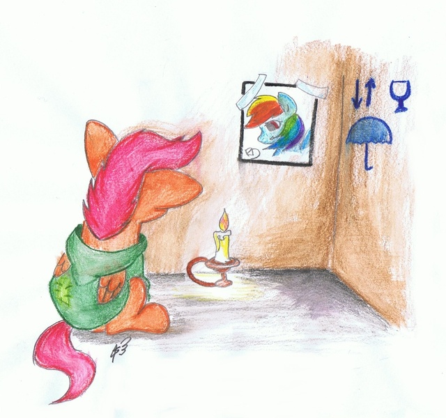 Size: 1000x937 | Tagged: safe, artist:deltalix, derpibooru import, scootaloo, box, candle, cardboard box, homeless, obsession, orphan, photo, sad