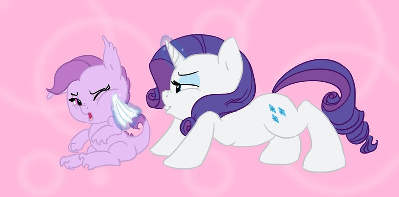 Size: 1214x600 | Tagged: artist:carnifex, cleaning, dracony, hybrid, interspecies offspring, mother and daughter, oc, oc:lavender, offspring, parent:rarity, parent:spike, parents:sparity, rag, rarity, safe