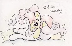 Size: 914x580 | Tagged: safe, artist:slightlyshade, derpibooru import, apple bloom, sweetie belle, female, lesbian, shipping, snuggling, sweetiebloom, traditional art