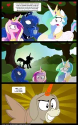 Size: 1500x2400 | Tagged: safe, artist:bednarowski, artist:epulson, derpibooru import, cranky doodle donkey, princess cadance, princess celestia, princess luna, alicorn, donkey, pony, comic, fake horn, fake wings, perry bible fellowship, seems legit