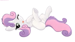 Size: 6000x3375 | Tagged: absurd resolution, artist:illuminatiums, bed, bedroom eyes, derpibooru import, featureless crotch, fluffy, on back, safe, simple background, sultry pose, sweetie belle, transparent background, vector, wink